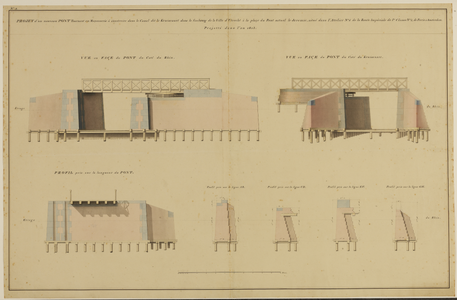 216186 Aanzichten en dwarsdoorsnede van het ontwerp voor een draaiburg over de Kruisvaart bij de Jeremie te Utrecht ...